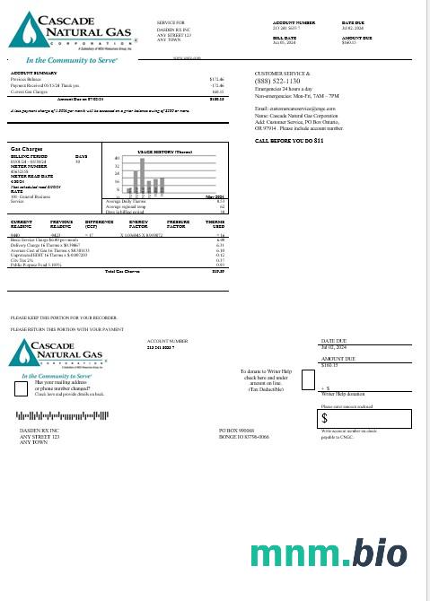 USA Cascade Natural Gas rachunek za usługi komunalne, Word i szablon PDF